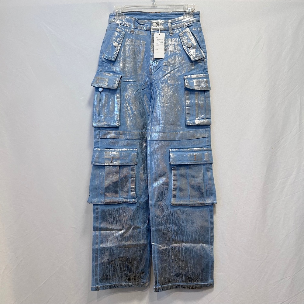 New Daisy Women’s Size S Foil Silver Cargo Jeans Light Wash Denim